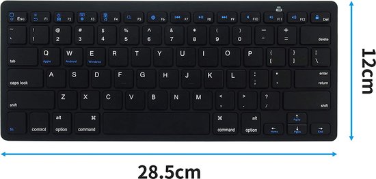Zwart Imtex draadloos toetsenbord met QWERTY-indeling, afmetingen 28,5 cm x 12 cm. Met opschriften voor Apple, Android en Windows.