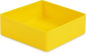 Sorteerbakje, materiaalbakje, inzetbakje, onderdelenbakje. 9,9 x 9,9 x 4,0 cm (LxBxH). Kleur is geel. Verpakt per 10 stuks!
