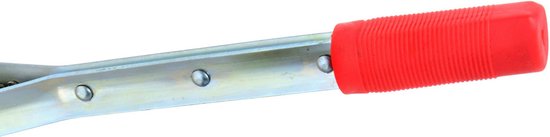 Grijze metalen hefboom met rode geribbelde grip.