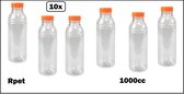10x Flesje RPET helder 1000cc met oranje dop- vernieuwd - gerecycled PET drinken jus sinas cola sappen dranken