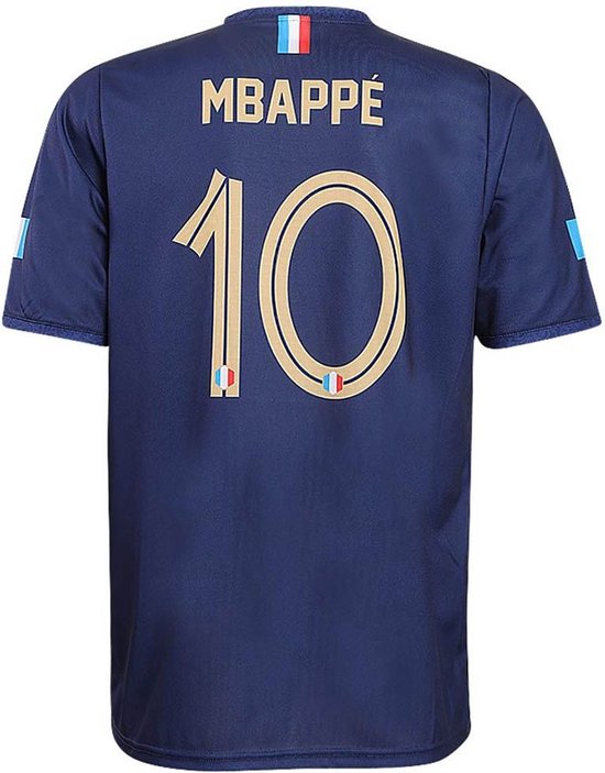 Donkerblauw voetbalshirt van Frankrijk met 'MBAPPE 10' op de achterkant en kleine Franse vlaggetjes.