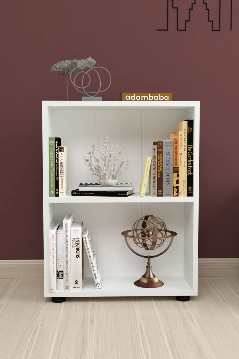Adambaba - Decoratieve Boekenkast - Boekenkast met 2 Planken - Moderne Spaanplaat Boekenkast - Houten Boekenkast - Wit