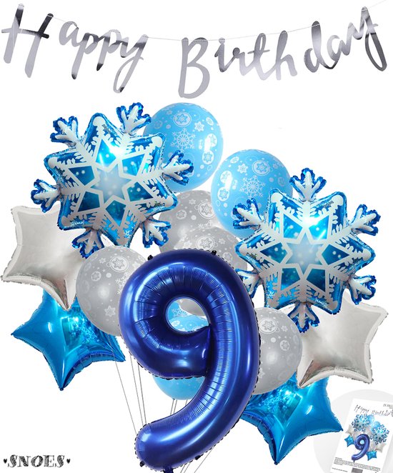 Cijferballon 9 Blauw - Frozen - Ijssterren - Ballonnen Megapakket - Slinger Feestvieren - Verjaardag Snoes