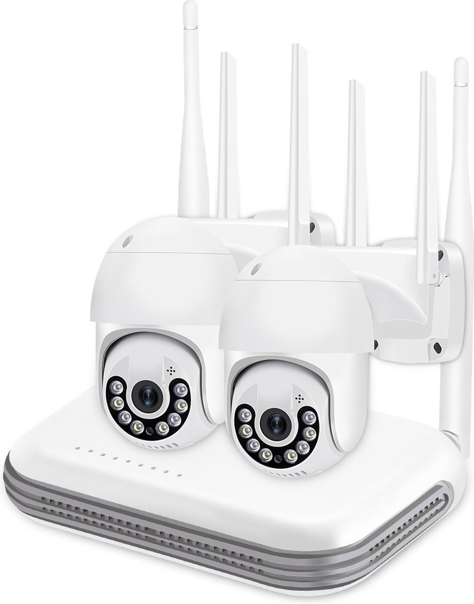 TechU™ 2 Stuks Beveiligingscamera's voor Buiten – Full HD met Wifi – Nachtzicht & Audio – IP66 Waterproof – Draadloze Bewakingscamera – Wit