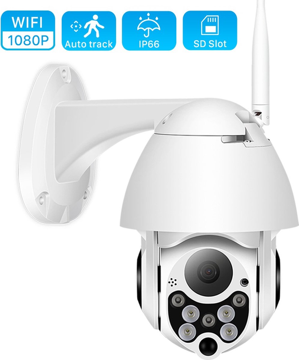 TechU™ Beveiligingscamera voor Buiten – Full HD 1080P met Wifi – Nachtzicht & Audio – IP66 Waterproof – Bewakingscamera met 64GB Geheugen – Wit
