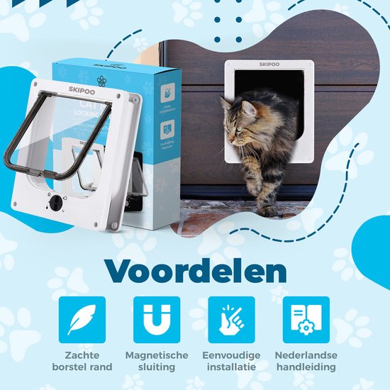 Wit Skipoo kattenluik met verpakking. "Voordelen" met icoontjes: zachte borstelrand, magnetische sluiting, eenvoudige installatie, Nederlandse handleiding.