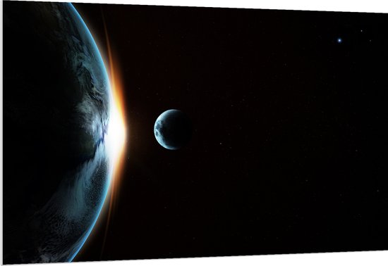 PVC Schuimplaat - Maan langs de Aarde in het Heelal - 150x100 cm Foto op PVC Schuimplaat (Met Ophangsysteem)