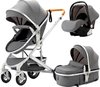 Luxe 3-in-1 Kinderwagen - Wandelwagen - Autostoeltje - Buggy - Inklapbaar - Grijs - 0-36 Maanden