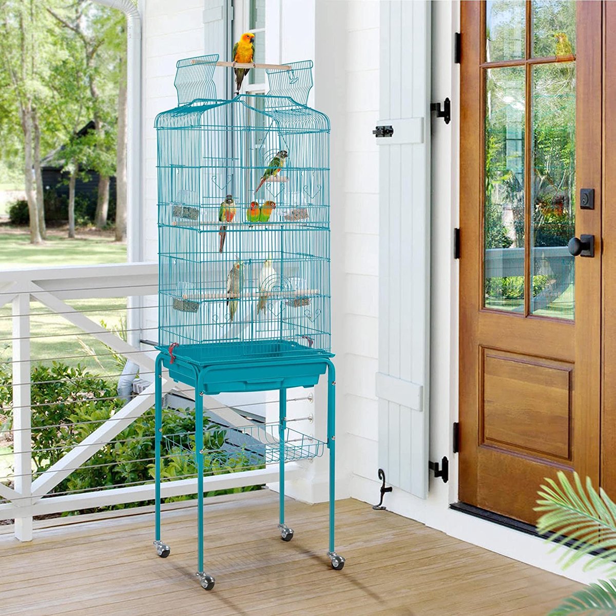 Bol.com Vogelvoliere vogelkooi voor Kanaries - Vogelhuis met vrijzitje en standaard - Blauw - 92 cm hoog HMTM-BC-10002-Teal Blue aanbieding