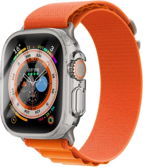 Apple Watch Ultra met een oranje bandje en transparante TPU beschermhoes.