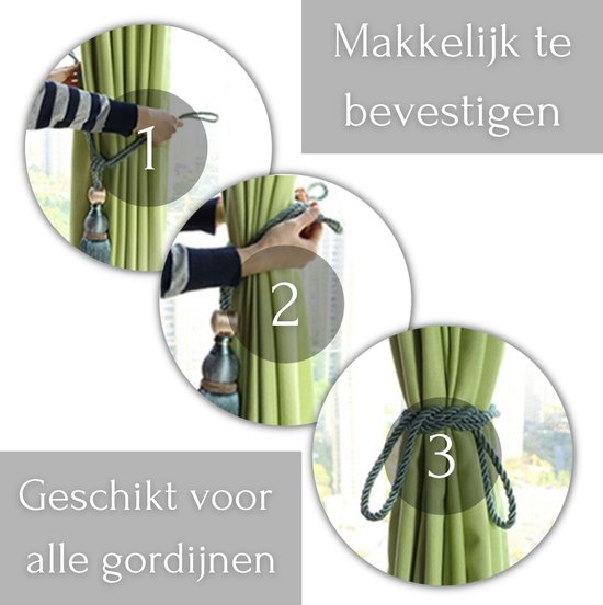 Gordijnbinders, 2 stuks, hangende balkwastjes, bruin gordijn