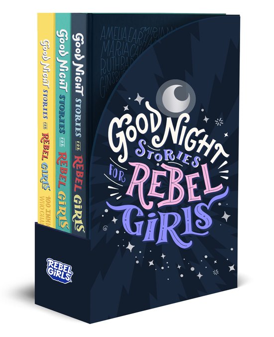 Boekendoos met de 'Good Night Stories for Rebel Girls' boeken. De box is donkerblauw met sterren en een maan.