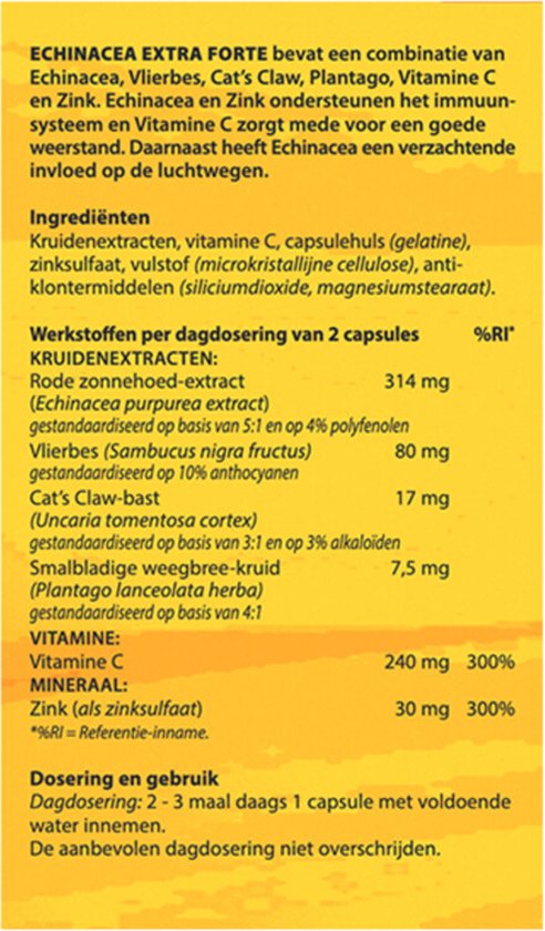 Gele achterkant van doos Bloem Echinacea Extra Forte met ingrediënten, gebruiksaanwijzing en waarschuwingen.