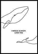 Poster Whale Love You - 30x40 cm - Line art poster - Kinderkamer poster - Exclusief fotolijst - WALLLL