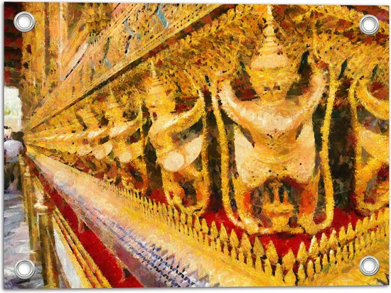 Tuinposter – Schilderij van Beelden in de Tempel van de Smaragdgroene Boeddha in Bangkok, Thailand - 40x30 cm Foto op Tuinposter (wanddecoratie voor buiten en binnen)