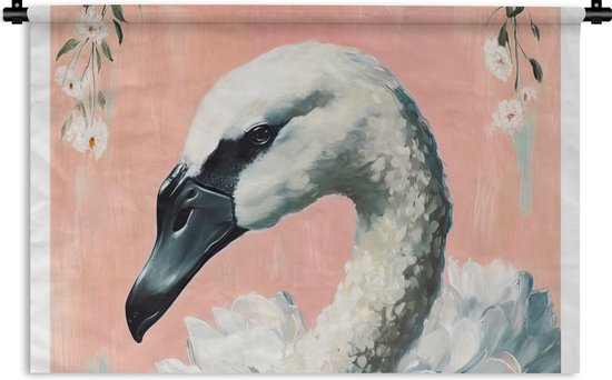 Wandkleed - Wanddoek - Zwaan - Dieren - Bloemen - Pastel - Wit - 90x60 cm - Wandtapijt