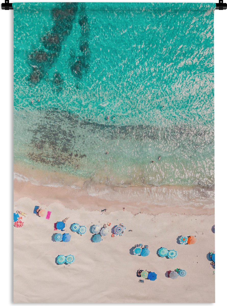 Wandkleed - Wanddoek - Zee - Strand - Zomer - Parasols - Blauw - 120x180 cm - Wandtapijt