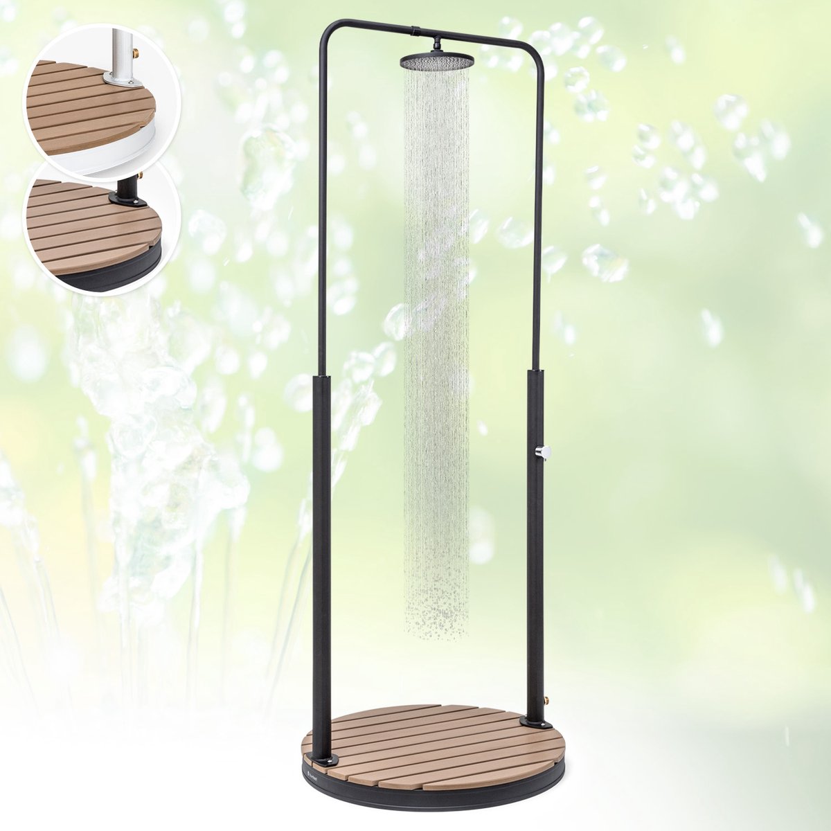 Blumfeldt Mobiele tuindouche, Buitendouche voor de tuin, Vloerdouche met verstelbare douchekop, Vloer-tuindouche met houtlook voor zwembad & sauna, Buitendouche waterdicht, Vorst- & UV-bestendig