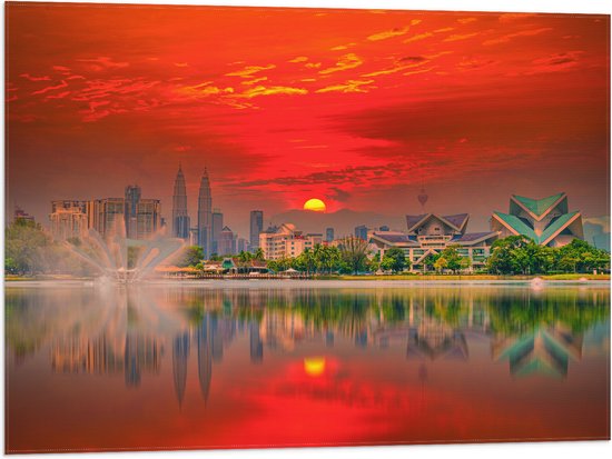 Vlag - Skyline van De Stad Kuala Lumpur in Indonesië tijdens Zonsondergang - 80x60 cm Foto op Polyester Vlag