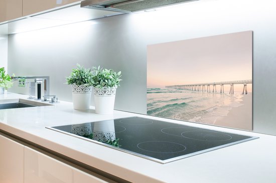 Spatscherm keuken 70x50 cm - Kookplaat achterwand Zee - Strand - Brug - Natuur - Zonsondergang - Muurbeschermer - Spatwand fornuis - Hoogwaardig aluminium