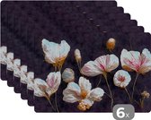 Placemat - Placemats kunststof - Bloemen - Planten - Roze - Zwart - 45x30 cm - 6 stuks - Hittebestendig - Anti-Slip - Onderlegger - Afneembaar