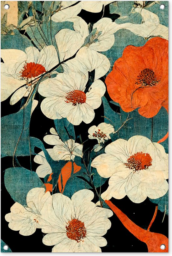 Tuinposter 60x90 cm - Tuindecoratie Bloemen - Planten - Vintage - Azië - Oranje - Poster voor in de tuin - Buiten decoratie - Schutting tuinschilderij - Tuindoek muurdecoratie - Wanddecoratie balkondoek