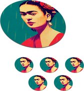 Onderzetters voor glazen - Rond - Portret - Frida Kahlo - Vrouw - Vintage - Rood - 10x10 cm - Glasonderzetters - 6 stuks