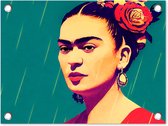 Tuin decoratie Portret - Frida Kahlo - Vrouw - Vintage - Rood - 40x30 cm - Tuindoek - Buitenposter