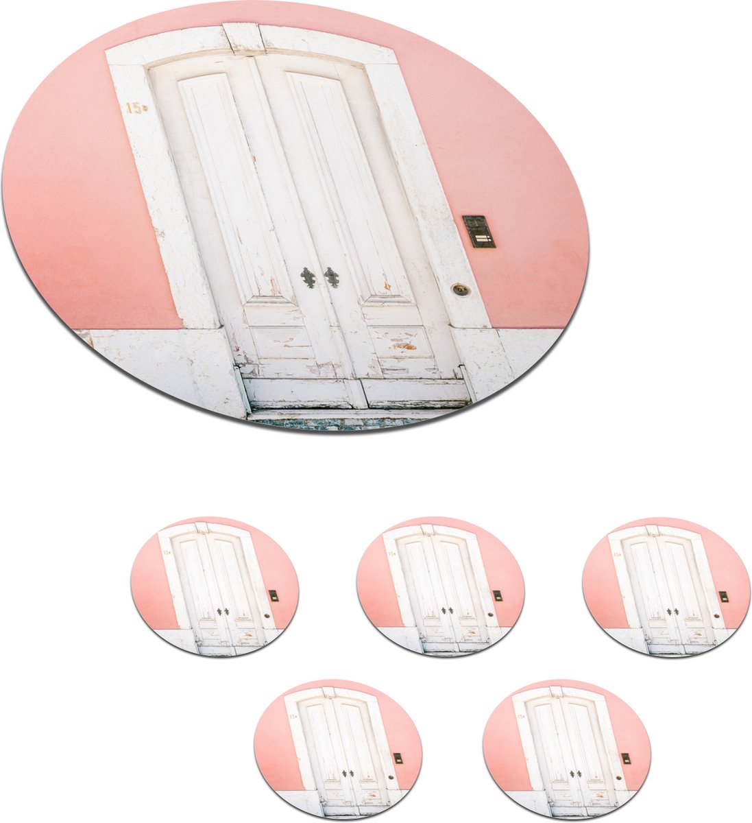 Onderzetters voor glazen - Rond - Hout - Deur - Roze - Wit - 10x10 cm - Glasonderzetters - 6 stuks
