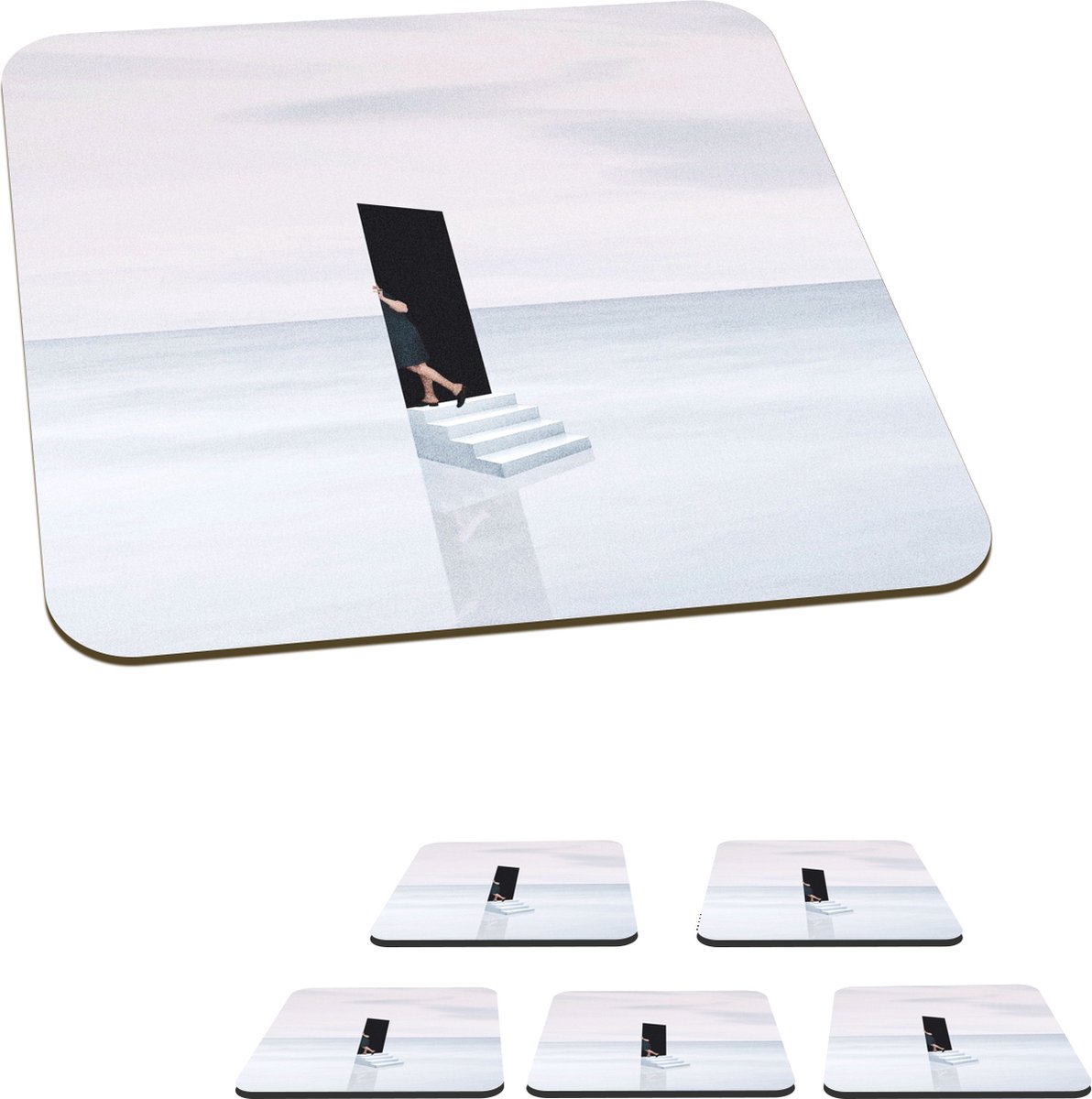 Onderzetters voor glazen - Vrouw - Trap - Abstract - Deur - 10x10 cm - Glasonderzetters - 6 stuks