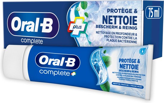 Doosje en buis Oral-B Complete tandpasta met munten, 'Protège & Nettoie' en 'Bescherm & Reinig'.