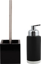 MSV Badkamer accessoires set - zwart - zeeppompje en wc/toilet-borstel - hout/keramiek/rvs