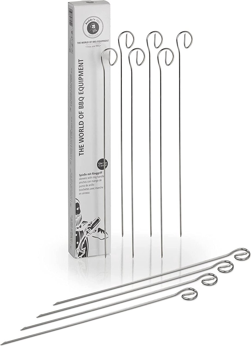 Buddy's BBQ - RVS grillspiezen set - 12 stuks - 30 cm - ringgreep