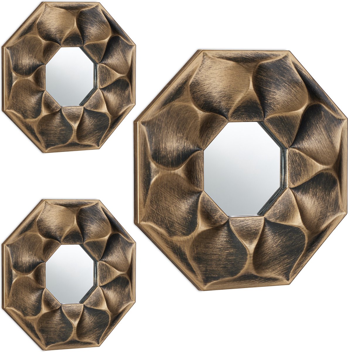 spiegel set van 3 - bloem - achthoekig - 25 cm - wandspiegel - kunststof frame - goud