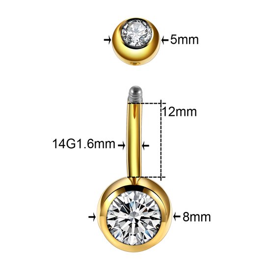 navelpiercing Titanium goud navelpiercing goud Diameter 8.5 mm Dikte 1.2mm
