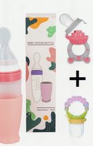 merkloos babyfles met lepel-baby/kinderbestek-100ml-BPA vrij + 2 bijtring/fruitspenen-rose