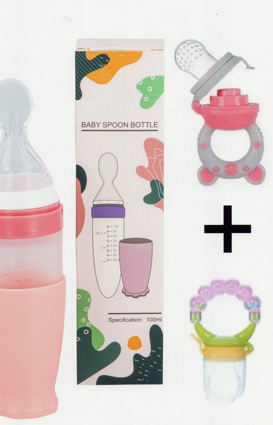 Babyflesje - merkloos babyfles met lepel-baby/kinderbestek-100ml-BPA vrij + 2 bijtring/fruitspenen-rose