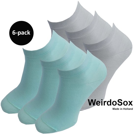 WeirdoSox Bamboe naadloze sneaker sokken CoolGrey / Mintgroen - Anti zweet - Anti bacterieel - Dames en heren - 6 Paar - Maat 39/42