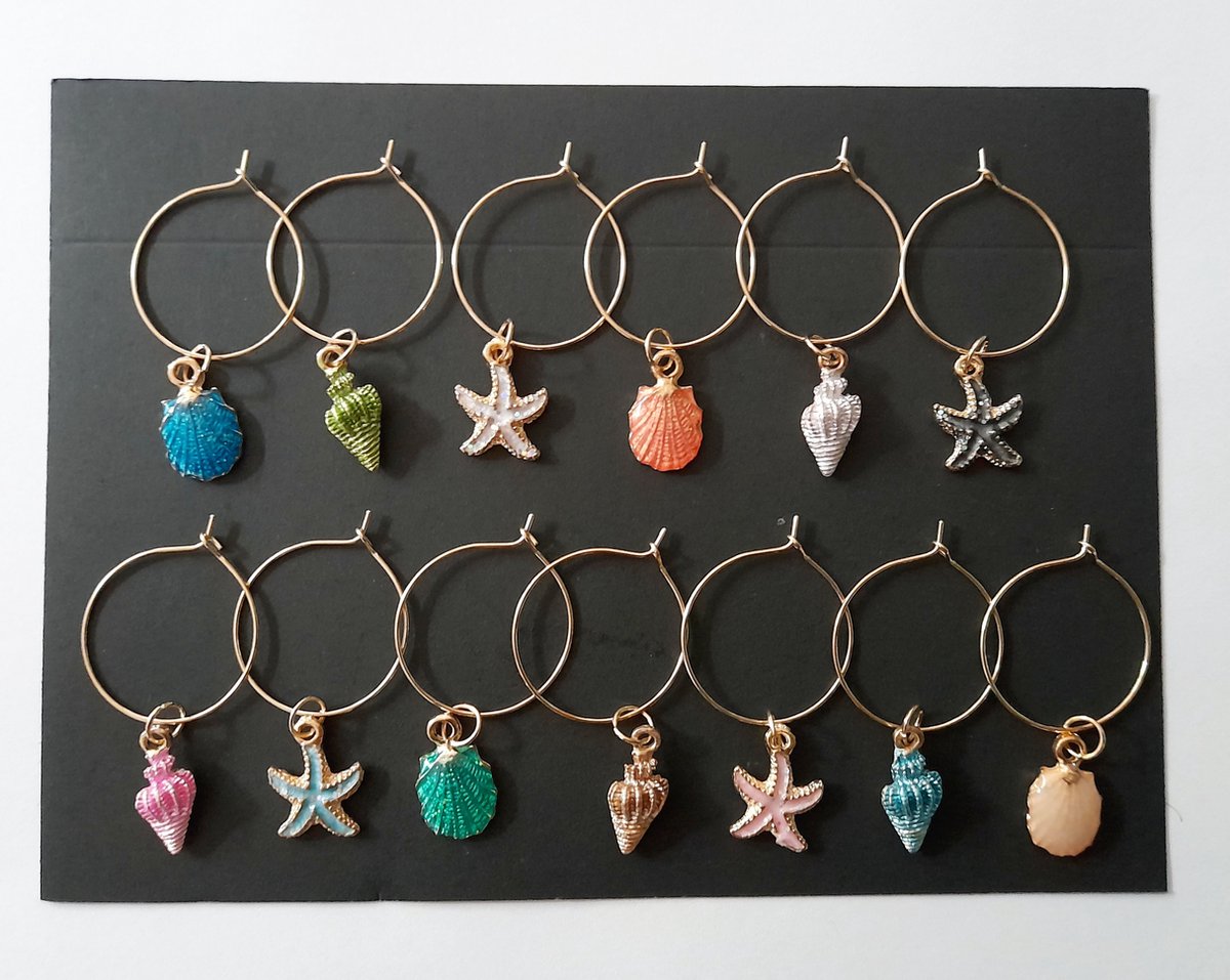 Glasmarkers - zee - strand - 13 stuks - wijnglasmarkers - schelp - zeester - hangers met bedeltjes