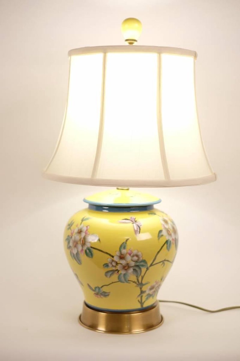 Fine Asianliving Chinese Tafellamp Porselein handbeschilderde Bloemen Geel