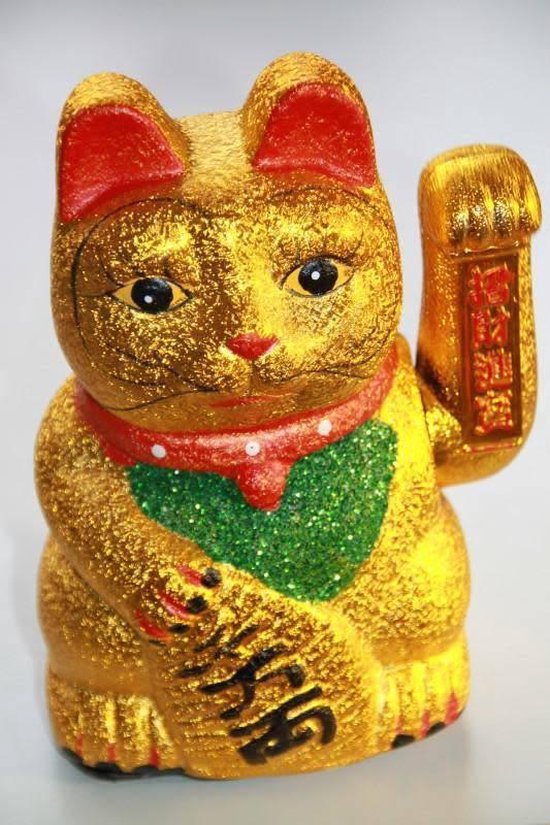 Fine Asianliving Chinese Lucky Cat Gelukskat Goud Glitter 18cm