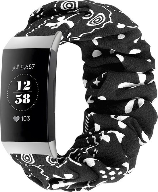 Strap-it Activity tracker bandje - Scrunchie nylon bandje - geschikt voor Fitbit Charge 3 / Fitbit Charge 4 - zwart mix