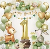Ballons - Vert - Goud - Imprimé Animaux - 1 an - Bébé - Premier anniversaire - Animaux - Lapin - Cerf - Hérisson - Happy anniversaire - Fête d'enfants - Fête