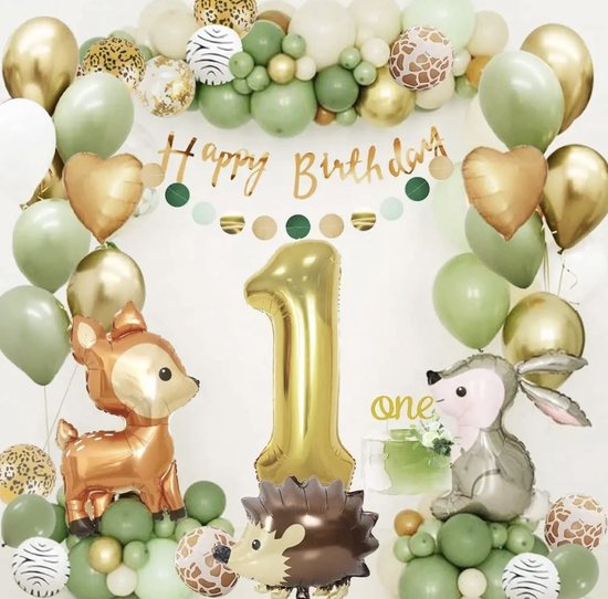 Ballonnen - Groen - Goud - Dieren print - 1 jaar - Baby - Eerste verjaardag - Dieren - Konijn - Hert - Egel - Happy Birthday - Kinderfeestje - Party