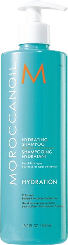 Turquoise Moroccanoil Hydrating Shampoo pompflacon van 16.9 FL.OZ. / 500 ml met witte dop en oranje logo.