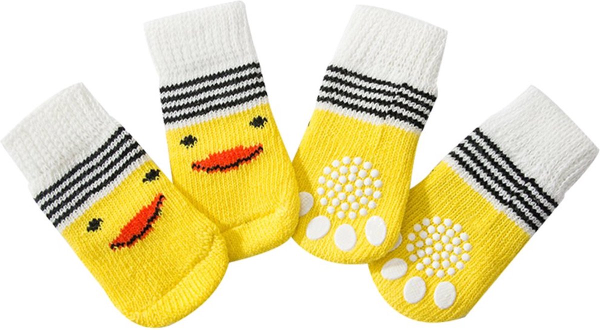 4 Stuks - Antislip Hondensokken - Schattige Huisdier Sokken - Bescherming voor Kleine en Middelgrote Honden - Modieuze en Functionele Pootbescherming - Stretch Materiaal - Eendjes - Geel - Maat L