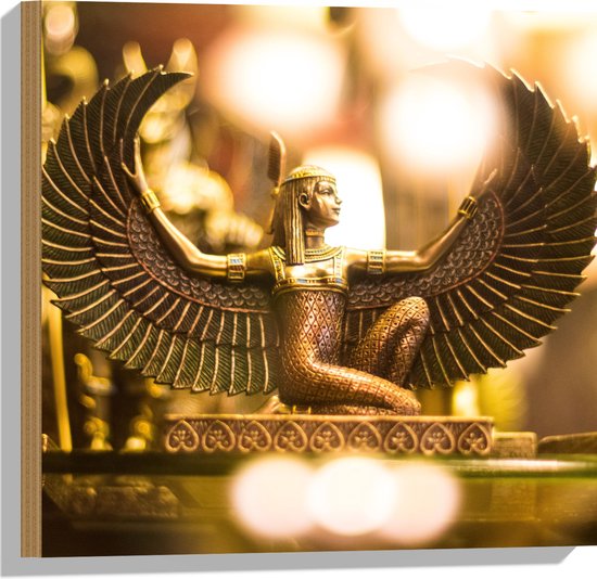 Hout - Gouden Egyptisch Isis Beeldje - 50x50 cm - 9 mm dik - Foto op Hout (Met Ophangsysteem)