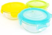 KOOLECO® kleine glazen vershoudbakjes met deksel 210ml (3 stuks) - blauw geel groen - rond