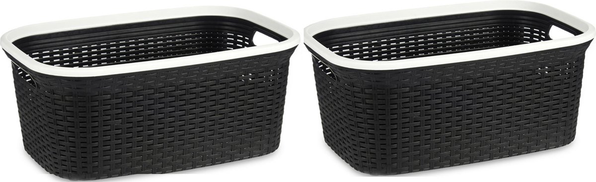 Goedkoopste Kipit Wasmand - 2x - Rotan gevlochten - zwart - kunststof - 36 liter - 53 x 36 x 25 cm