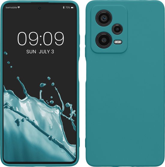 Coque de téléphone turquoise pour Xiaomi, vue avant et arrière. L'arrière présente un module caméra avec trois objectifs.